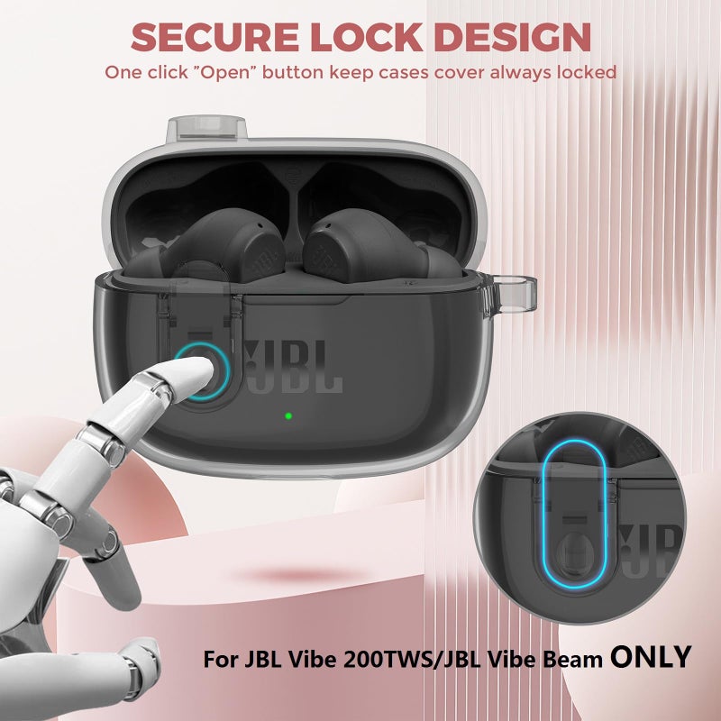 OTOPO Compatible with JBL Vibe 200TWS/JBL Vibe Beam /Beam 2 Case Cover Clear Lock Clip with Cleaner Kit, Transparent TPU Protective Cover Men Women with Carabiner for JBL Vibe Beam 2 Charging Case - Black - Image 4