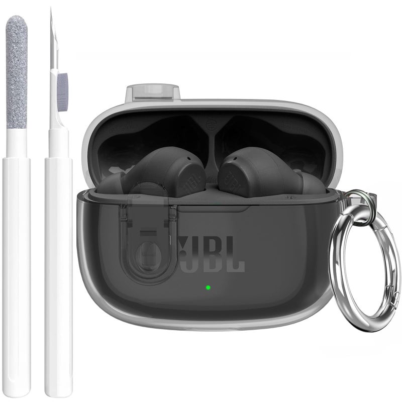OTOPO Compatible with JBL Vibe 200TWS/JBL Vibe Beam /Beam 2 Case Cover Clear Lock Clip with Cleaner Kit, Transparent TPU Protective Cover Men Women with Carabiner for JBL Vibe Beam 2 Charging Case - Black - Image 1