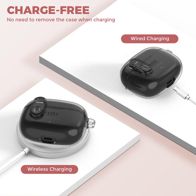 OTOPO Compatible with JBL Vibe 200TWS/JBL Vibe Beam /Beam 2 Case Cover Clear Lock Clip with Cleaner Kit, Transparent TPU Protective Cover Men Women with Carabiner for JBL Vibe Beam 2 Charging Case - Black - Image 3
