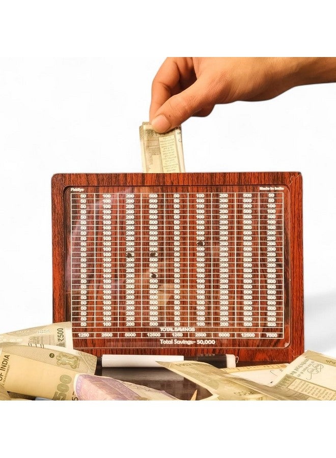 Fiddlys Wooden Money/Piggy Bank, Money Coin Box for Kids/Children, Savings Challenge Box, Cashbox, Cash Vault Wooden Savings Box,Wooden Coin Piggy Bank (Wood, Rs. 50,000) Reusable/Interchangable - Image 1