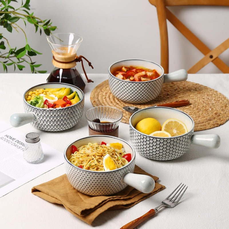 MONITO أوعية حساء البصل الفرنسي سعة 28 أونصة مع مقابض، أوعية حساء خزفية قابلة للتكديس، مجموعة أوعية تقديم من 4، آمنة للاستخدام في الفرن/الميكروويف/غسالة الصحون، للحساء، يخنة اللحم، الحبوب، المعكرونة، أبيض-أزرق - Image 4