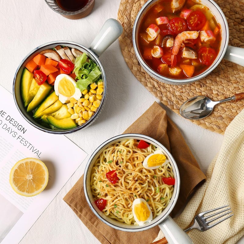 MONITO أوعية حساء البصل الفرنسي سعة 28 أونصة مع مقابض، أوعية حساء خزفية قابلة للتكديس، مجموعة أوعية تقديم من 4، آمنة للاستخدام في الفرن/الميكروويف/غسالة الصحون، للحساء، يخنة اللحم، الحبوب، المعكرونة، أبيض-أزرق - Image 5