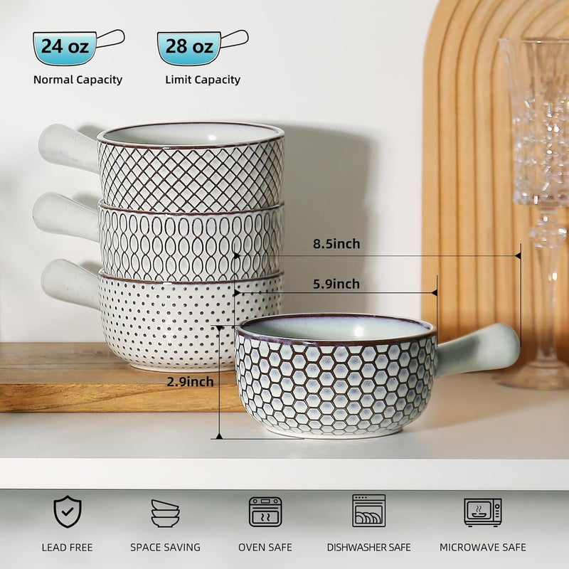 MONITO أوعية حساء البصل الفرنسي سعة 28 أونصة مع مقابض، أوعية حساء خزفية قابلة للتكديس، مجموعة أوعية تقديم من 4، آمنة للاستخدام في الفرن/الميكروويف/غسالة الصحون، للحساء، يخنة اللحم، الحبوب، المعكرونة، أبيض-أزرق - Image 2