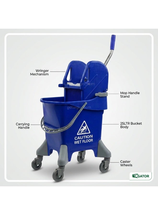 Gator Mop Bucket with Deluxe Wringer | Commercial Cleaning Trolley | Side Press Wringer | Heavy Duty Janitorial Bucket | 25LTR | Blue - Image 2