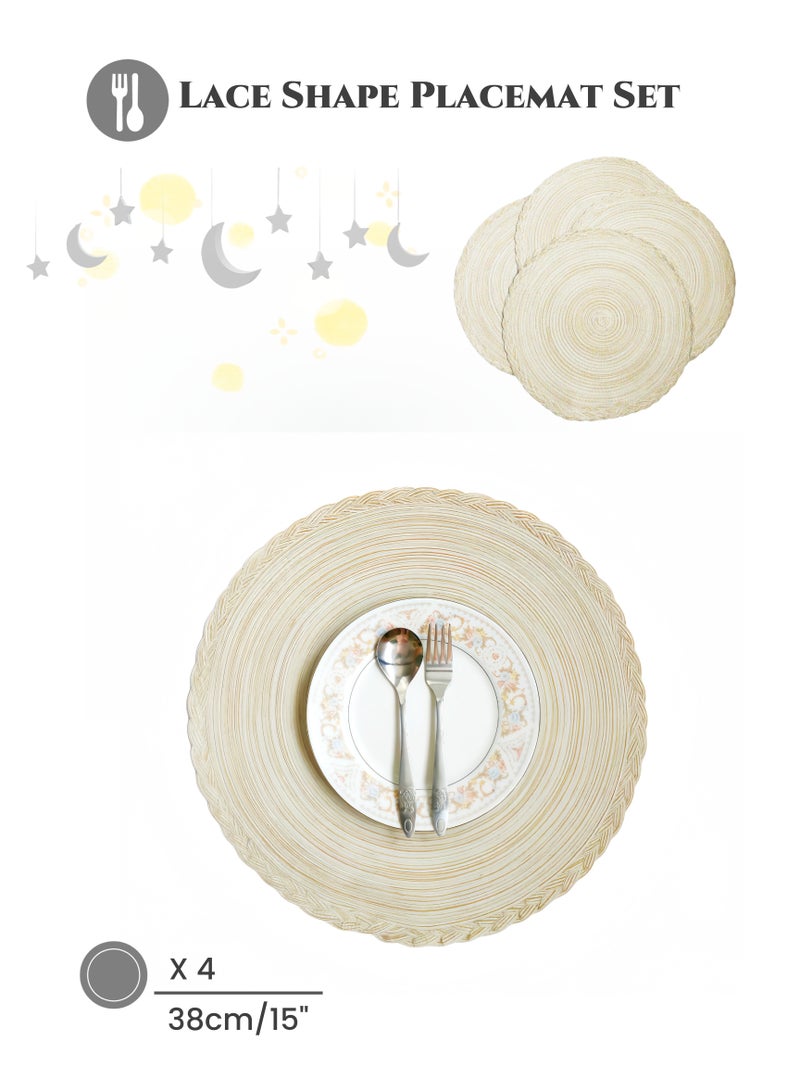Beige Lace Shape Round Placemat Set of 4,38CM Super Large Size Dining Table Placemat,Heat-resistant,Anti-scald, Washable,Quick-dry, Wipe it Clean,Roll Up and Store, Table Decoration, for Kitchen Dining Table,Holiday Party, Wedding,Restaurants, Cafes, Gifts (15inch)  - Image 1