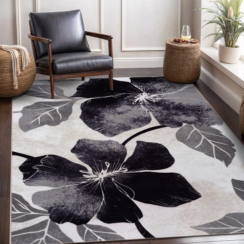 CAMILSON Solana Modern Floral 5x7 Area Rugs NonSkid NonSlip Rubber Backing Black and White Flowers Indoor Rug 5x7 Black White