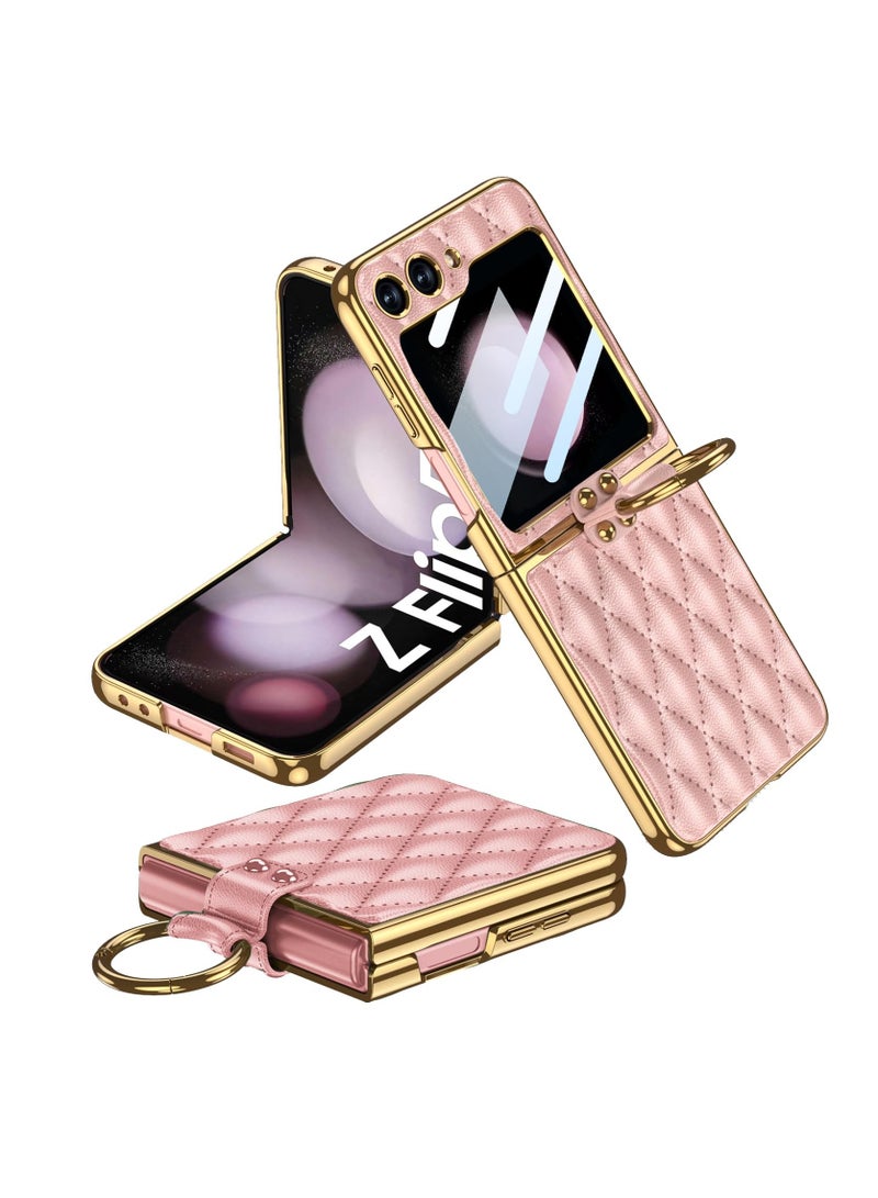 KASTWAVE Leather with Ring Compatible with Samsung Z Flip 5 5g Case, Back Screen Protector + Metal Ring Holder Kickstand, Electroplating Frame with Screen Protector Case for Galaxy Z Flip 5 - Image 1