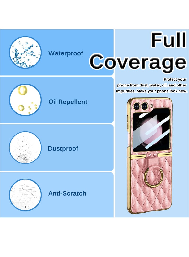 KASTWAVE Leather with Ring Compatible with Samsung Z Flip 5 5g Case, Back Screen Protector + Metal Ring Holder Kickstand, Electroplating Frame with Screen Protector Case for Galaxy Z Flip 5 - Image 4
