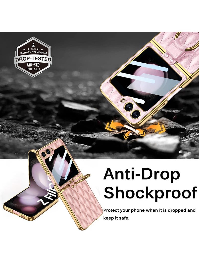 KASTWAVE Leather with Ring Compatible with Samsung Z Flip 5 5g Case, Back Screen Protector + Metal Ring Holder Kickstand, Electroplating Frame with Screen Protector Case for Galaxy Z Flip 5 - Image 2