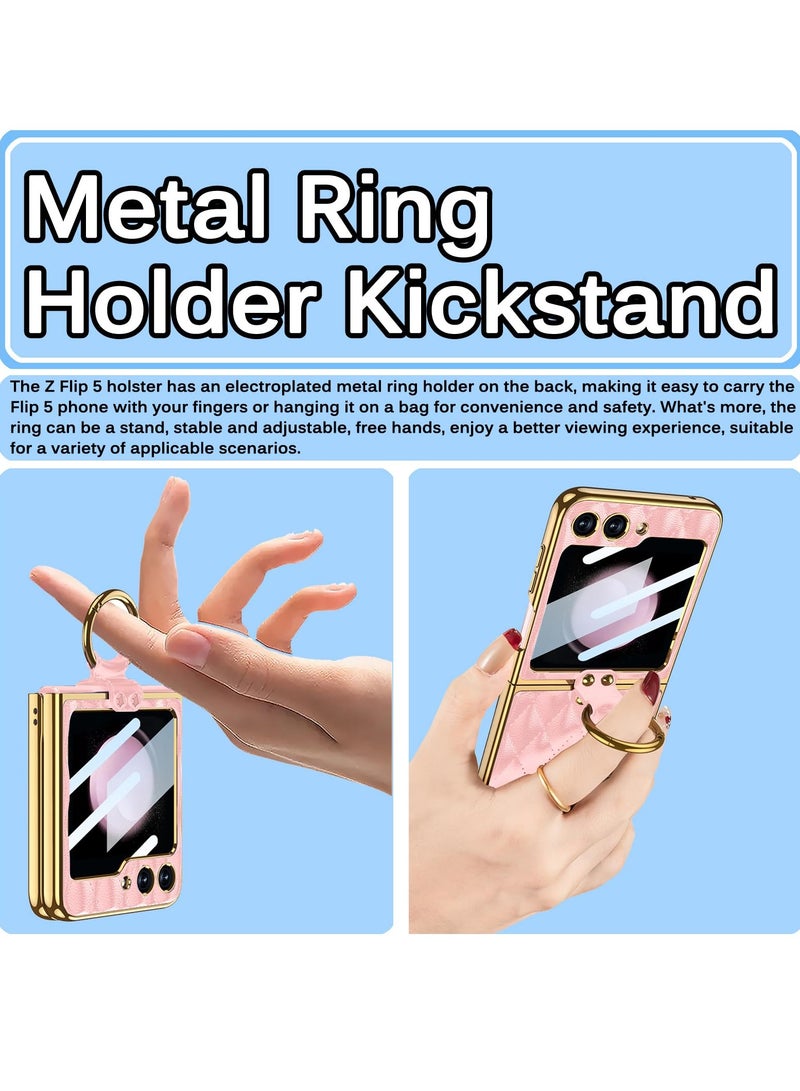 KASTWAVE Leather with Ring Compatible with Samsung Z Flip 5 5g Case, Back Screen Protector + Metal Ring Holder Kickstand, Electroplating Frame with Screen Protector Case for Galaxy Z Flip 5 - Image 5