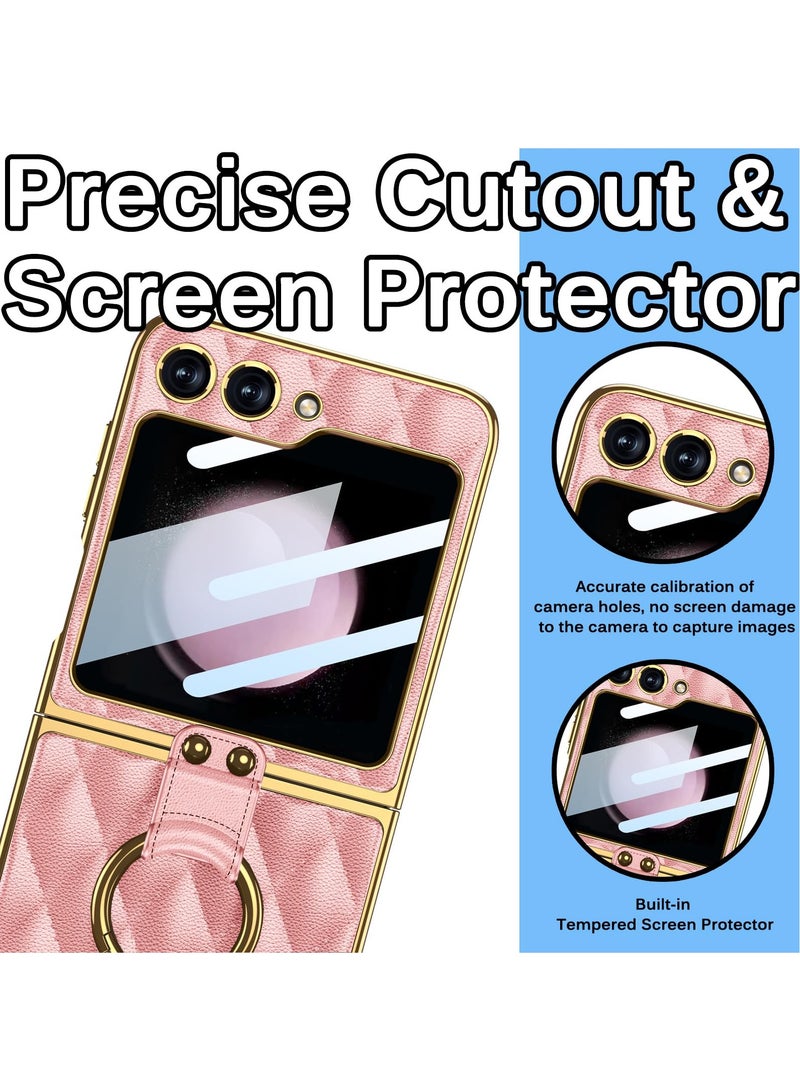 KASTWAVE Leather with Ring Compatible with Samsung Z Flip 5 5g Case, Back Screen Protector + Metal Ring Holder Kickstand, Electroplating Frame with Screen Protector Case for Galaxy Z Flip 5 - Image 3