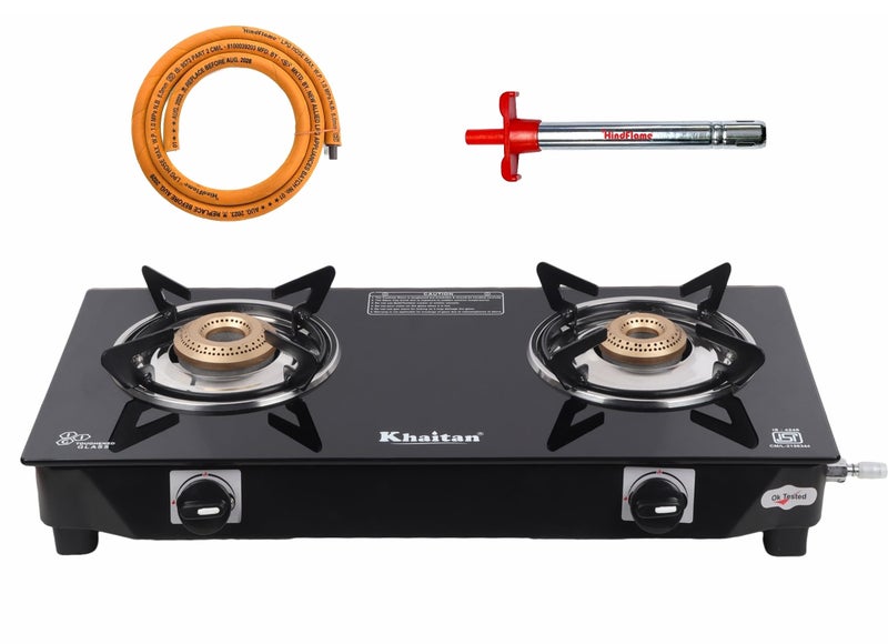 Khaitan Gas Stove Combo - 2B Nano + 1 HF Lighter + 1 HF Hose pipe Glass Manual Gas Stove (2 Burners) - Image 1
