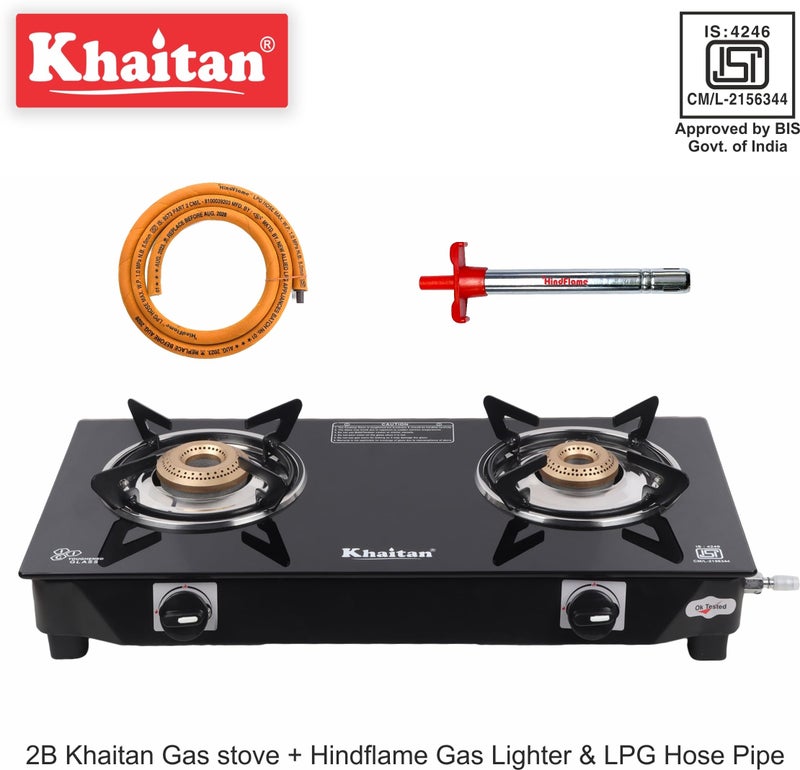 Khaitan Gas Stove Combo - 2B Nano + 1 HF Lighter + 1 HF Hose pipe Glass Manual Gas Stove (2 Burners) - Image 2