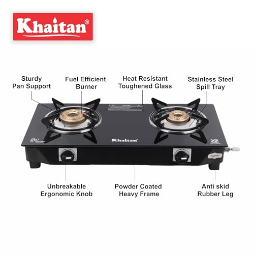 Khaitan Gas Stove Combo - 2B Nano + 1 HF Lighter + 1 HF Hose pipe Glass Manual Gas Stove (2 Burners) - Image 4