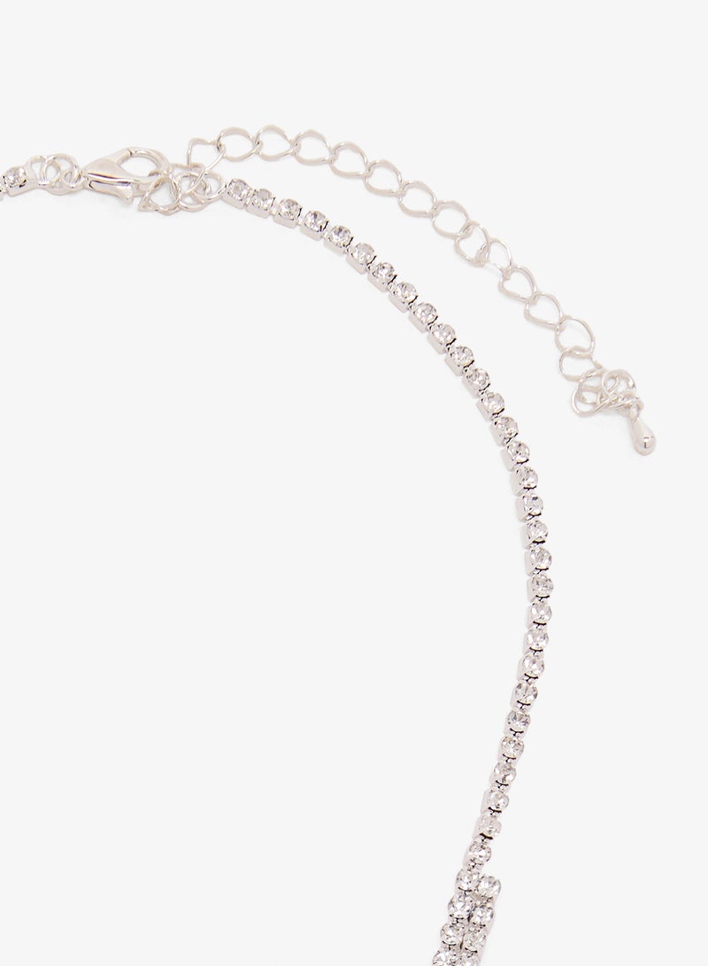 Ella Limited Edition Diamonte Embellished Rhinestone Detailed Necklace With Drop Down Earrings Silver Set - Image 3