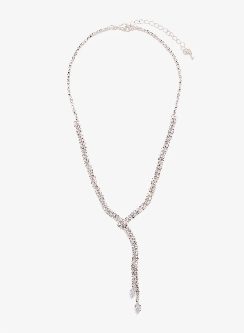 Ella Limited Edition Diamonte Embellished Rhinestone Detailed Necklace With Drop Down Earrings Silver Set
