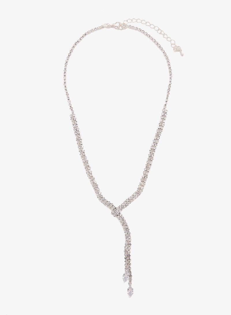 Ella Limited Edition Diamonte Embellished Rhinestone Detailed Necklace With Drop Down Earrings Silver Set - Image 1