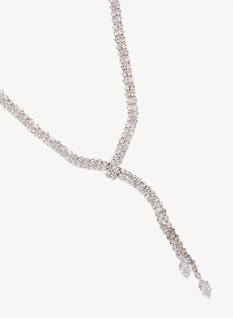 Ella Limited Edition Diamonte Embellished Rhinestone Detailed Necklace With Drop Down Earrings Silver Set