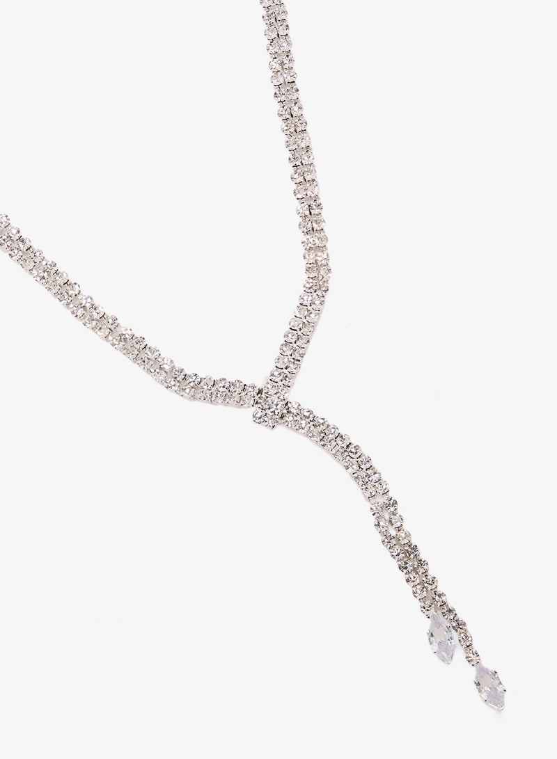 Ella Limited Edition Diamonte Embellished Rhinestone Detailed Necklace With Drop Down Earrings Silver Set - Image 2