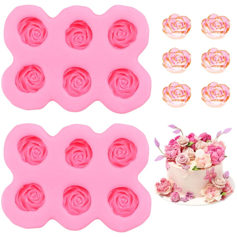Aswewamt 2 Pcs Rose Silicone Fondant Molds 6 Cavity Flower Cake Resin Mold Candy Chocolate Ice Cube Fondant Molds Kitchen Baking Tools for Sugarcraft Cake Decorating - Image 1