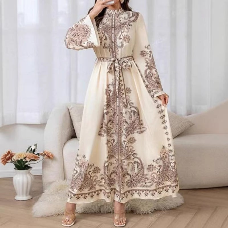 فستان مطبوع بأزهار كلاسيكي بياقة عالية وأكمام فانوس - Image 4