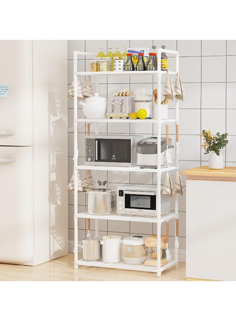 Kitchen Storage Rack Kitchen Shelving Unit Storage Shelves Organizer with Side Hooks Storage Rack Storage Organizer Shelves Multifunctional Storage Rack Stand for Kitchen Closet Bathroom Laundry - White