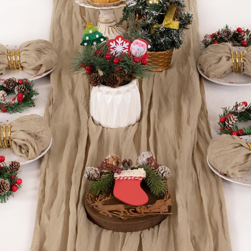 DeZerlor 6 Pack Christmas Table Runner Nude Coffee Cheesecloth Table Runner Boho Gauze Table Runner 120 inches Long Winter Table Decor for Wedding Baby Shower Xmas Party Decorations - Image 3
