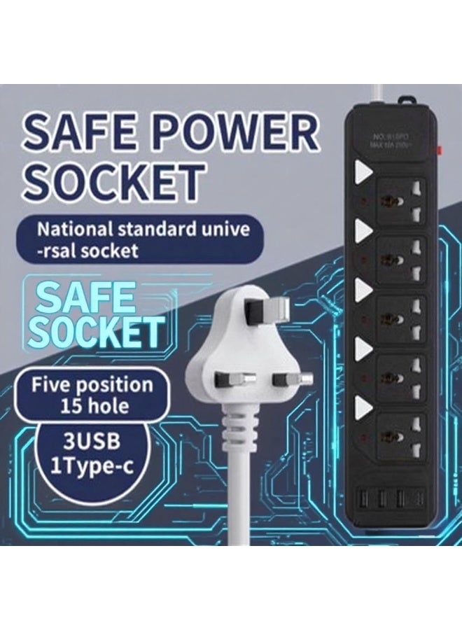 سلك تمديد طاقة عالمي بطول 2 متر، 5 مقابس طاقة، 3 منافذ شحن USB و1 PD Type-C، سلك تمديد، واقي من زيادة التيار - أسود - Image 1