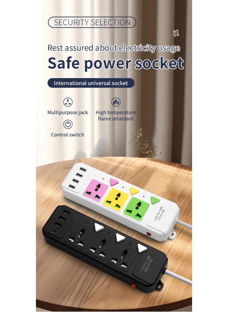 سلك تمديد طاقة عالمي بطول 2 متر، 5 مقابس طاقة، 3 منافذ شحن USB و1 PD Type-C، سلك تمديد، واقي من زيادة التيار - أسود - Image 2