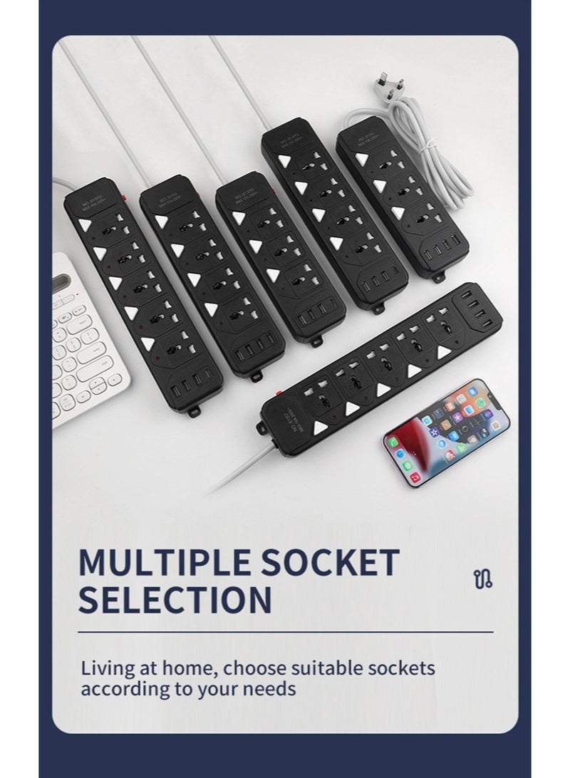 سلك تمديد طاقة عالمي بطول 2 متر، 5 مقابس طاقة، 3 منافذ شحن USB و1 PD Type-C، سلك تمديد، واقي من زيادة التيار - أسود - Image 4