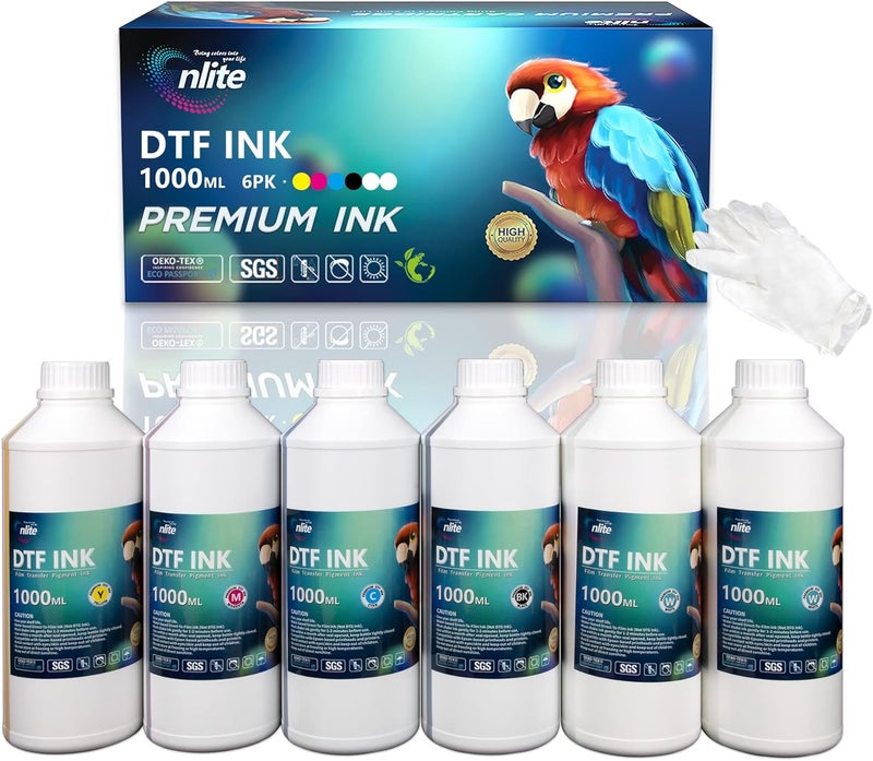 Enlite Premium DTF Ink 1000ML Value Pack, Water-Base Digital Inkjet Ink Refill for Direct to Film Printers with Epson Printhead L1800 L805 R1390 4720 I3200 XP600 DX7 DX5 5113, 6-Pack（2W-1BK-1C-1M-1Y） - Image 1