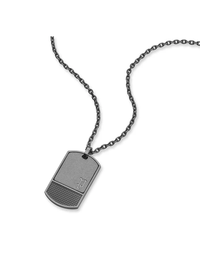 Police Identity Necklace  Brushed Antique IP Grey Stainless Steel Tag Pendant with Iconic P Logo and Textured Studded Design