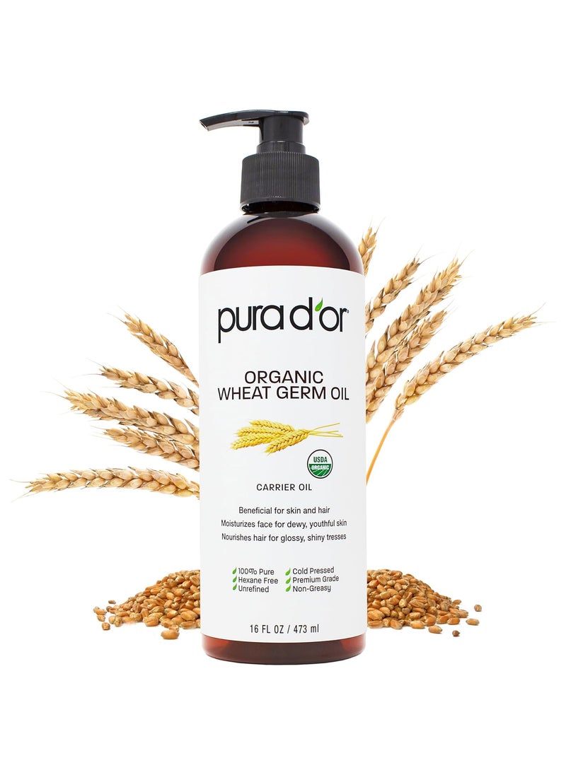 Pura d'or - PURA DOR 16 Oz ORGANIC Wheat Germ Oil  100 Pure  Natural USDA Certified Cold Pressed Carrier Oil  Vitamin E Rich Moisturizing  Nourishing AntiAging Properties  Healthy Hair Growth  Skincare - Image 1