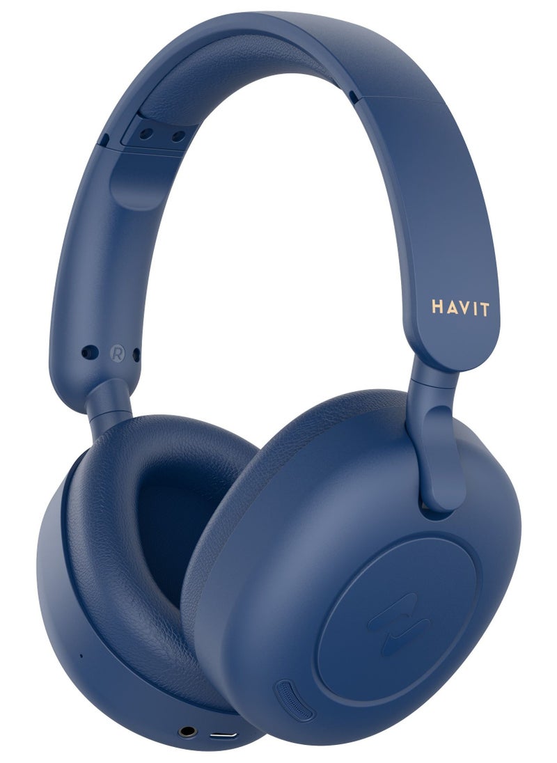 havit Hybrid Active Noise Cancelling Wireless Over-Ear Headphones, Bluetooth V5.3 with Low Latency Game Mode, Dual Device Connection, 76 Hours Battery Life, 40mm Dynamic Drivers, Deep Bass, Crystal Clear Audio, Comfortable Fit, Ideal for Gaming, Music, and Calls, Premium Sound Quality Over-Ear Headset (Blue)  - Image 1