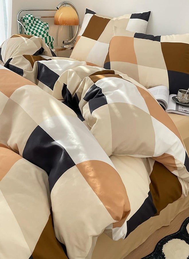 Houseri طقم لحاف كوين مودرن بألوان متعددة بيج وكاكاو مع تصميم بلايد موزاييك باللون البيج والأبيض والأسود والبني - Image 4
