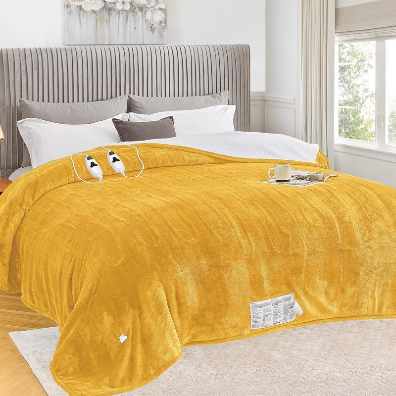 greenoak Heated Blanket Electric King Size 100"X90" Dual Control, Heating Blankets with 10 Levels 8 Hours Auto-Off Overheat Protection, Soft Flannel Sherpa Fluffy House Warming GIF, ETL Ginger Yellow - Image 1