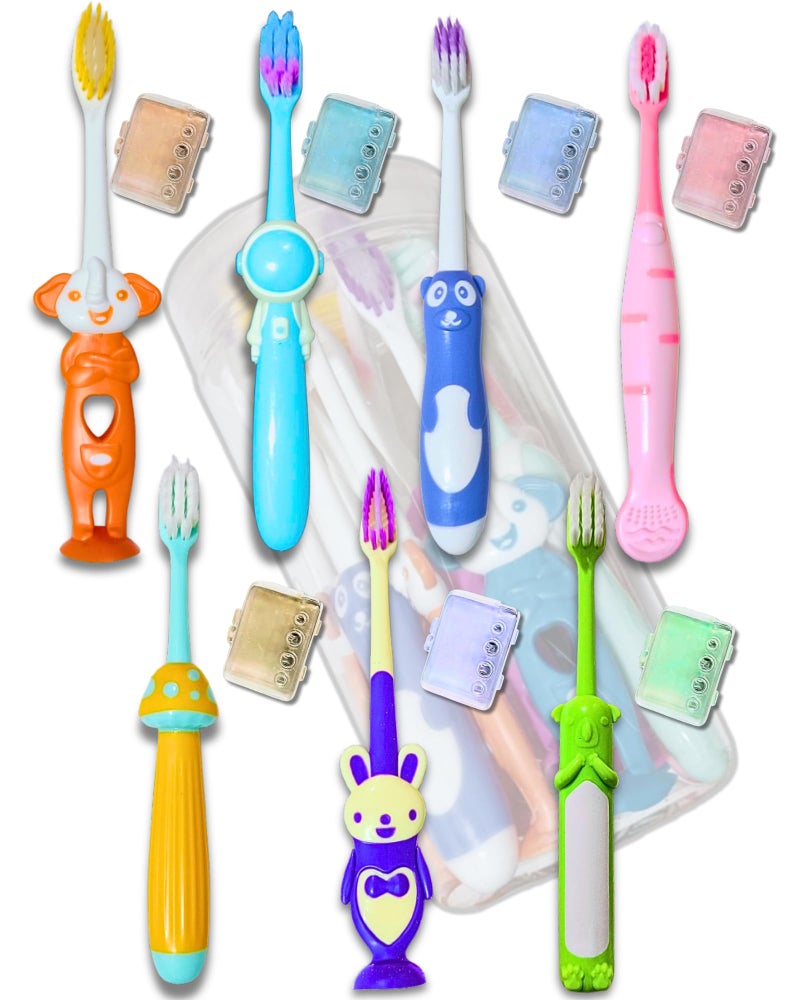 BigBro Kids Toothbrush with Soft Bristles Cartoon Designs Fancy Toothbrushes with Protection Cap and Cover for Age 2+ Children (Combo of 7 Different Toothbrushes + Protection Caps in a Jar) - Image 1