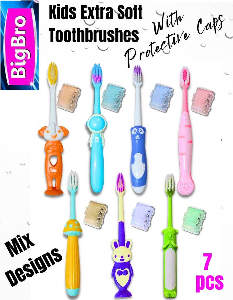 BigBro Kids Toothbrush with Soft Bristles Cartoon Designs Fancy Toothbrushes with Protection Cap and Cover for Age 2+ Children (Combo of 7 Different Toothbrushes + Protection Caps in a Jar) - Image 2
