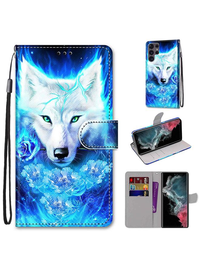 اس-توب جراب لهاتف Samsung Galaxy S22 Ultra 5G، جراب هاتف جلدي أفقي قلاب برسومات متقاطعة ملونة مع حامل وفتحات للبطاقات ومحفظة وحبل - Image 1