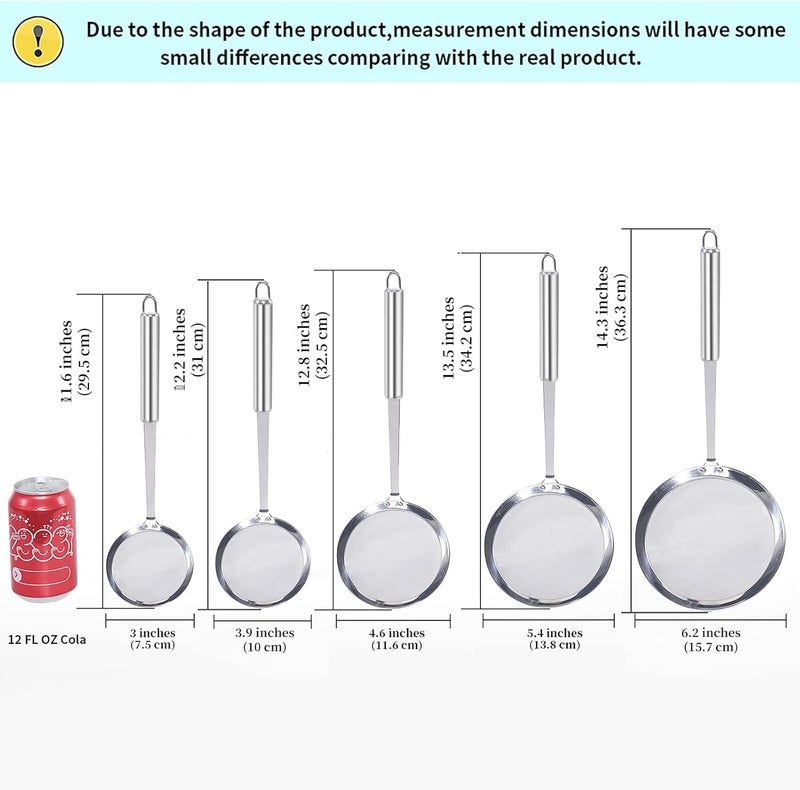 Newness Fine Mesh Strainer Set of 5 with Handle, 304 Fine Mesh Stainless Steel Colander, Wire Strainers for Kitchen, Fat Oil Strainer Skimmer Spoon, Durable Metal Multipurpose for Food, Rice, Quinoa - Image 2