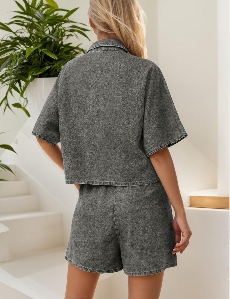 Zilcremo Womens 2 Piece Outfits Summer Denim Sets Short Sleeve Button Down Crop Jean Shirts High Waist Denim Shorts Sets Greyblack S - Image 4
