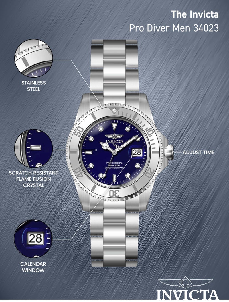 Invicta ساعة إنفيكتا 40 مم للرجال برو دايفر بقرص أزرق وإطار فضي من الفولاذ المقاوم للصدأ 34023 - Image 4