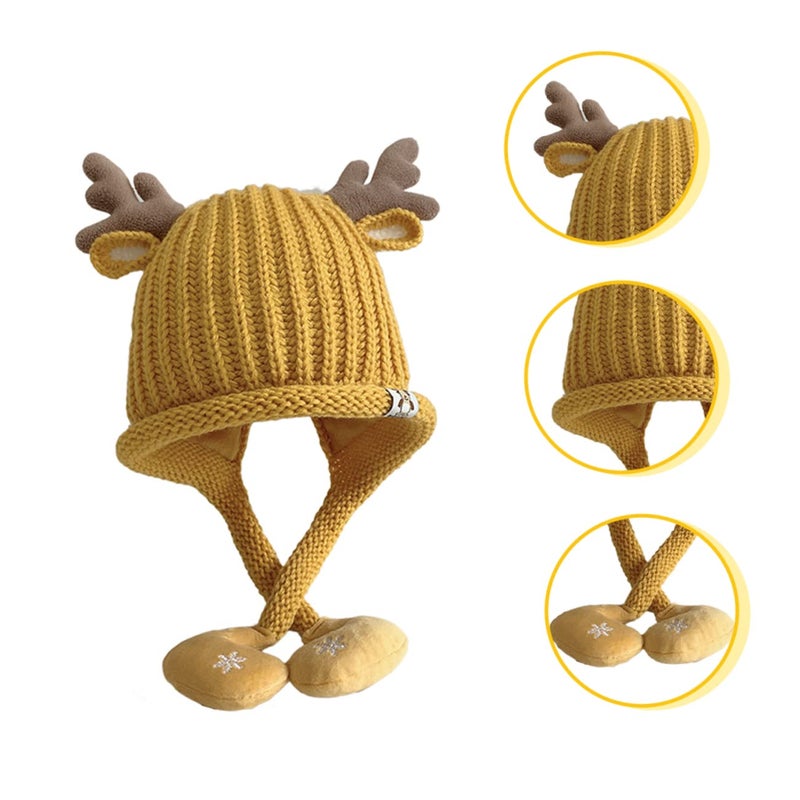 Yellow Pompom Ear Flap Knit Beanie Hat For Newborn Boys And Girls - Image 5
