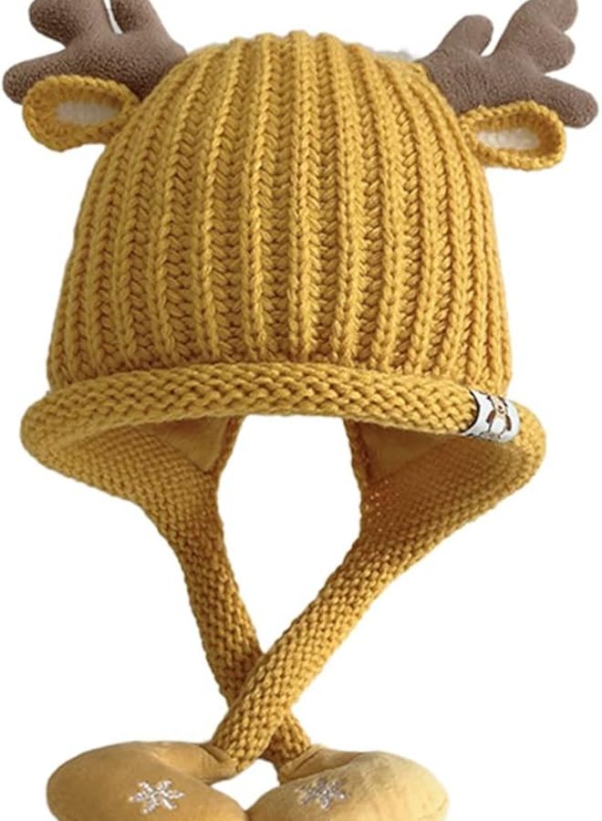 Yellow Pompom Ear Flap Knit Beanie Hat For Newborn Boys And Girls - Image 1