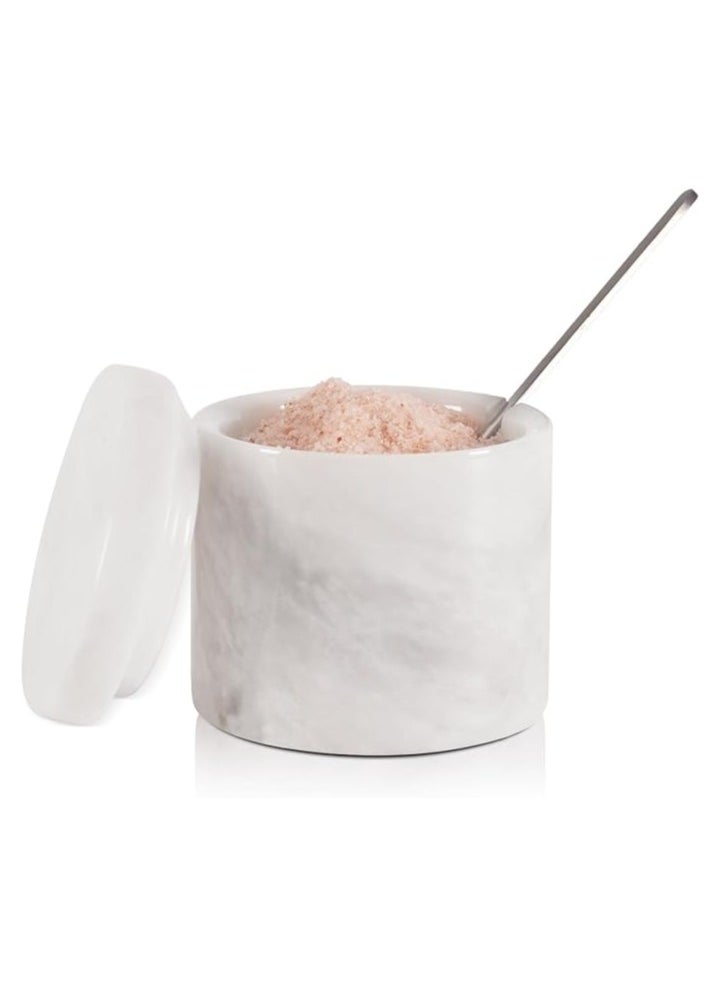 RADICALn Marble Salt Cellar With Lid And Spoon 3'' Inches White Salt Container Handmade Spice Seasoning Containers For Kitchen Storage Accessories - Salt Box & Ideal Sugar Bowl, Flaky Salt Cellar  - Image 1