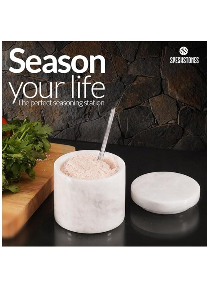 RADICALn Marble Salt Cellar With Lid And Spoon 3'' Inches White Salt Container Handmade Spice Seasoning Containers For Kitchen Storage Accessories - Salt Box & Ideal Sugar Bowl, Flaky Salt Cellar  - Image 2
