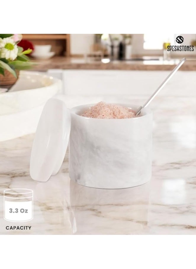 RADICALn Marble Salt Cellar With Lid And Spoon 3'' Inches White Salt Container Handmade Spice Seasoning Containers For Kitchen Storage Accessories - Salt Box & Ideal Sugar Bowl, Flaky Salt Cellar  - Image 4