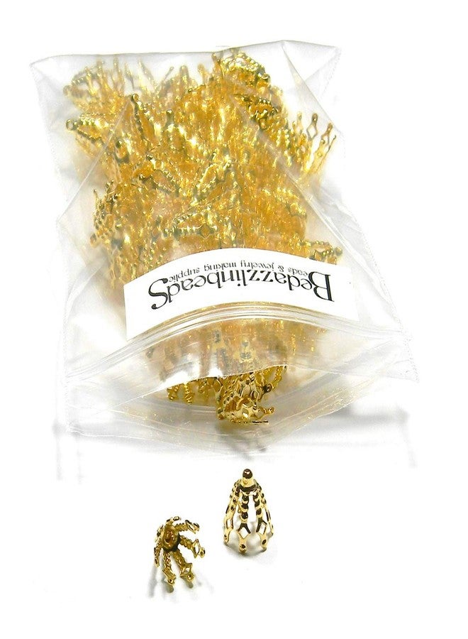 100 Big 12mm Plated Brass Bell Bead End Cap Charm Settings with Loop Ring & 7 Legs (Gold Plated)
