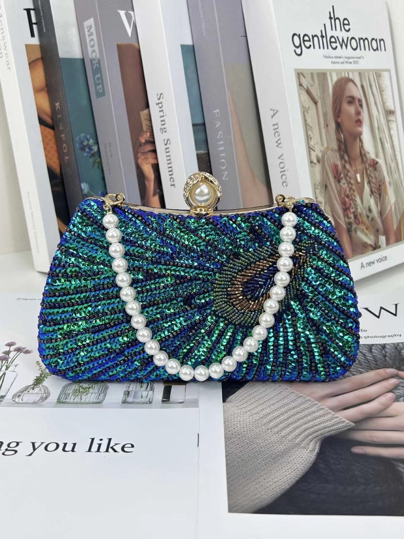 Beaded Peacock Feather Large Pearl Diamond Banquet Dress Joker Large Capacity Crossbody Women'S Bag - Image 2