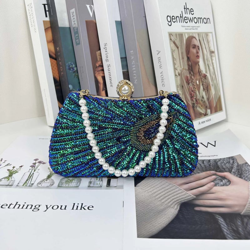 Beaded Peacock Feather Large Pearl Diamond Banquet Dress Joker Large Capacity Crossbody Women'S Bag - Image 1